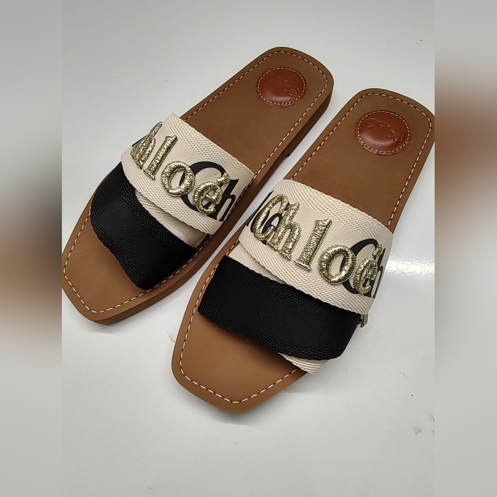 SOLD.... Chloe Woody Blk/Beige with Gold Matallic Logo Slide Sandals Shoe 40EU